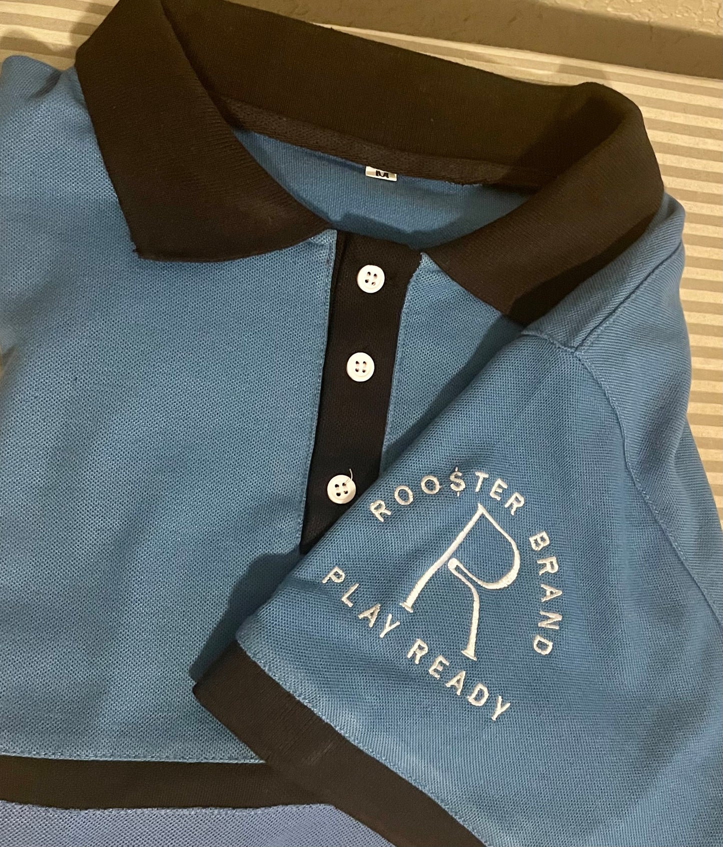 **PROMO** Just $12.99 Roo$ter Brand Custom Embroidered Logo Golf Polo Blue/Black Sleeve Logo