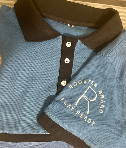 **PROMO** Just $12.99 Roo$ter Brand Custom Embroidered Logo Golf Polo Blue/Black Sleeve Logo