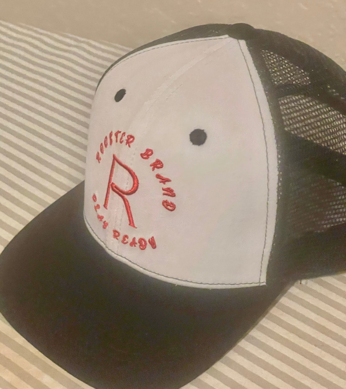 Roo$ter Brand Vented Golf Hat - Custom Embroidered White/Black