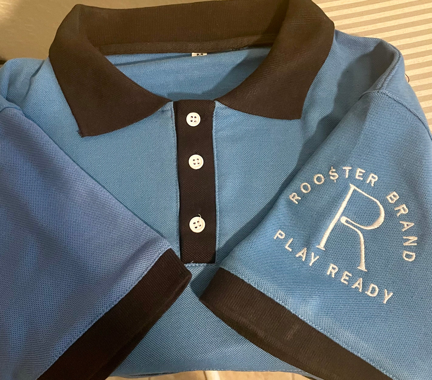 **PROMO** Just $12.99 Roo$ter Brand Custom Embroidered Logo Golf Polo Blue/Black Sleeve Logo