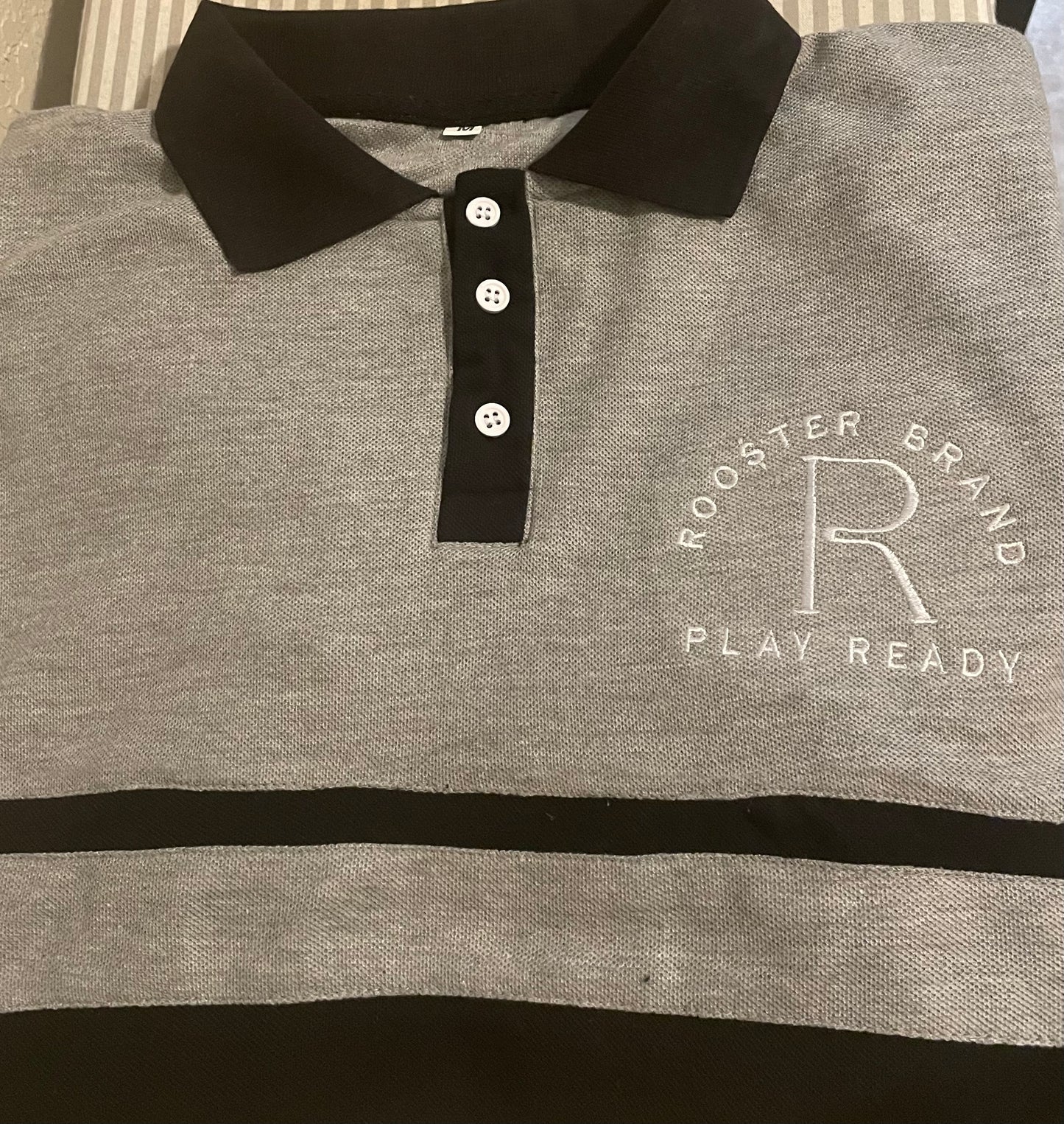 **PROMO** Just $12.99 Roo$ter Brand Custom Embroidered Logo Golf Polo Grey/Black Chest Logo