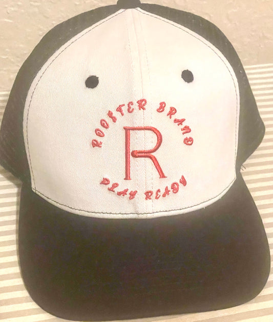 Roo$ter Brand Vented Golf Hat -  Custom Embroidered White/Black